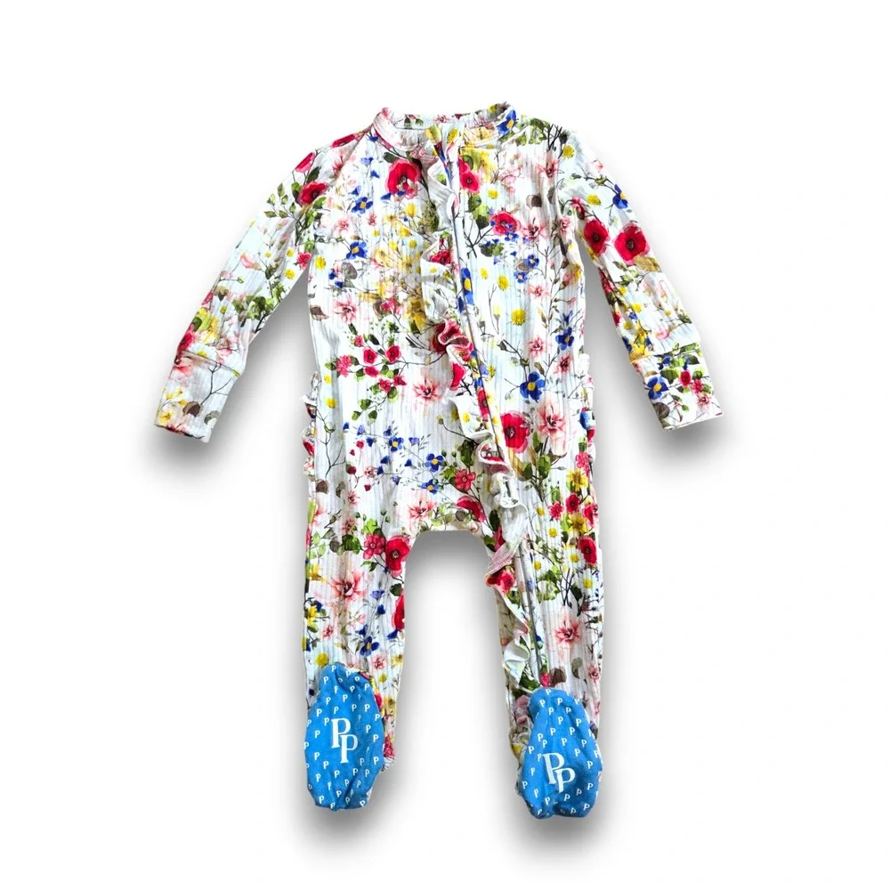 Posh Peanut Floral 1 Piece Ruffle Sleeper Pajamas Bamboo Infant 6-9m